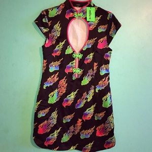 Cyber Y2K aesthetic rainbow flames mini dress